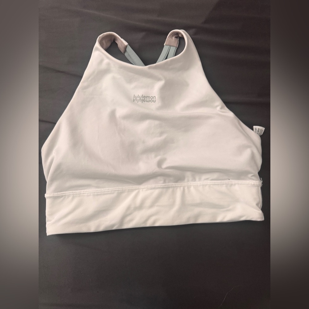Lululemon High Neck Strappy Sports Bra White Blue Back Size 8